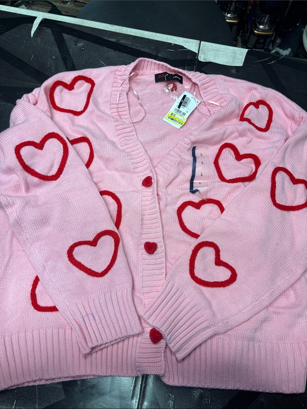 Pink Heart-Embellished V-Neck Cardigan Sweater - Pink/Red b253